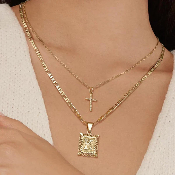 Cross Initial Necklace Set | Gold