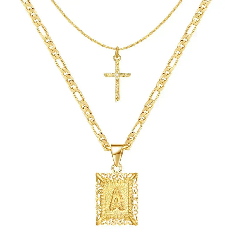 Cross Initial Necklace Set | Gold