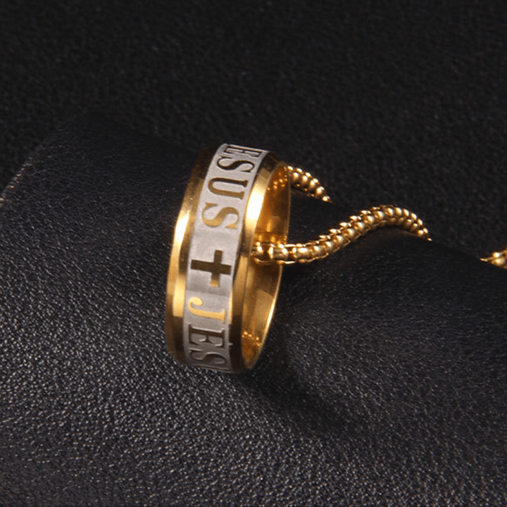 Combination Style Laser Engraving "JESUS" Ring & Chain Necklace