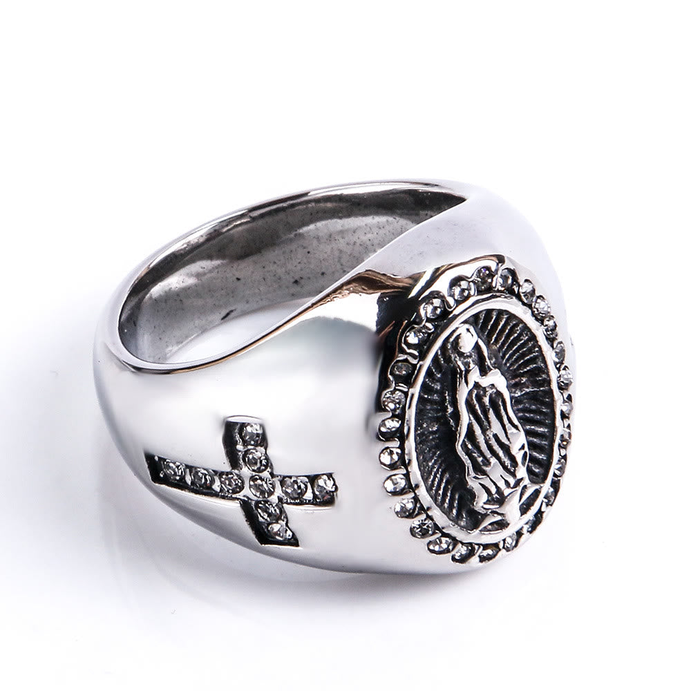 Virgin Mary Stainless Steel Ring Cross Sign Catholic Rings for Religious Jewelry