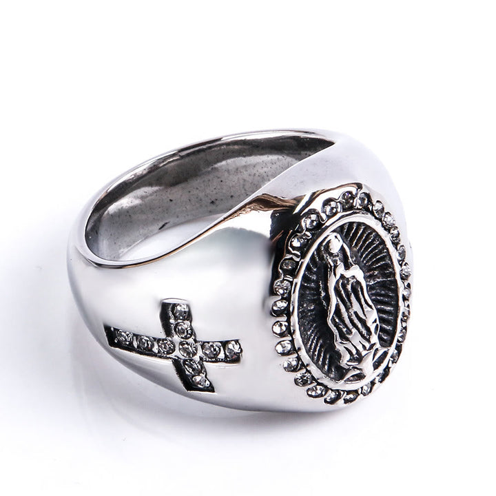 Virgin Mary Stainless Steel Ring Cross Sign Catholic Rings for Religious Jewelry