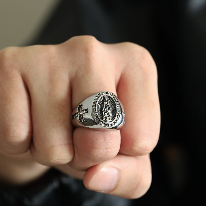 Virgin Mary Stainless Steel Ring Cross Sign Catholic Rings for Religious Jewelry