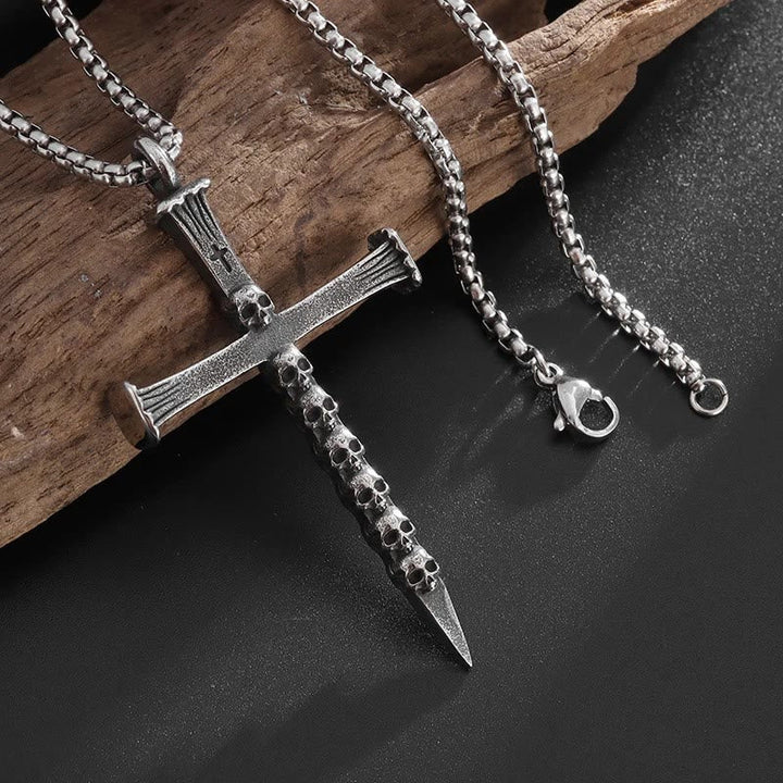 Titanium Steel Skull Nail Cross Pendant Necklace