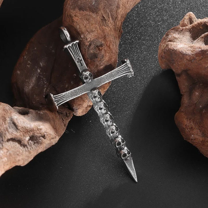 Titanium Steel Skull Nail Cross Pendant Necklace