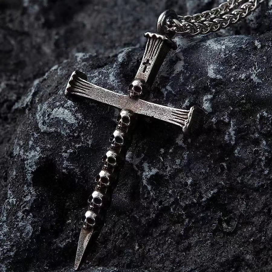 Titanium Steel Skull Nail Cross Pendant Necklace