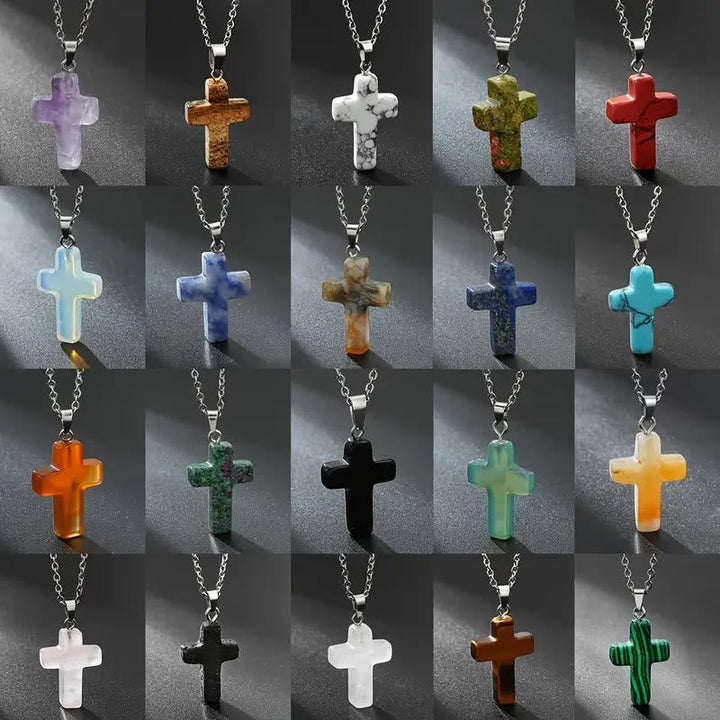 Natural Stone Cross Gemstone Pendant Necklace