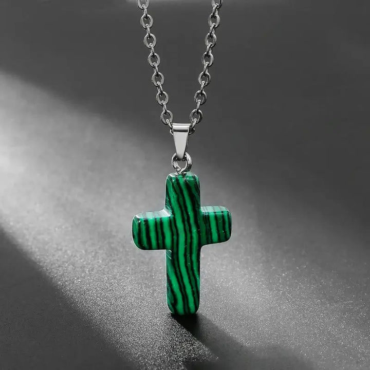 Natural Stone Cross Gemstone Pendant Necklace