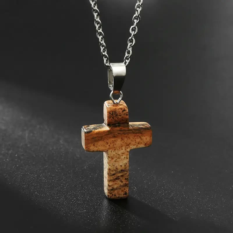 Natural Stone Cross Gemstone Pendant Necklace