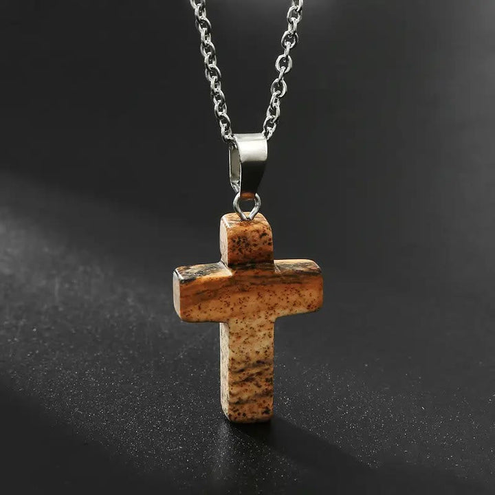 Natural Stone Cross Gemstone Pendant Necklace