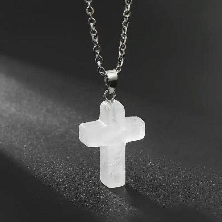 Natural Stone Cross Gemstone Pendant Necklace