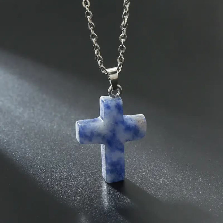 Natural Stone Cross Gemstone Pendant Necklace