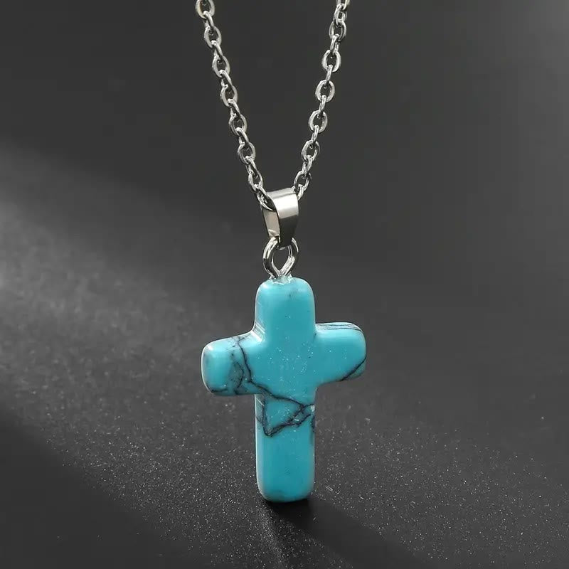 Natural Stone Cross Gemstone Pendant Necklace