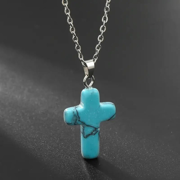 Natural Stone Cross Gemstone Pendant Necklace