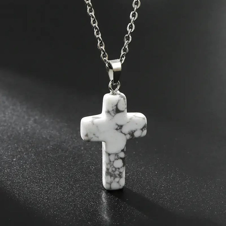 Natural Stone Cross Gemstone Pendant Necklace