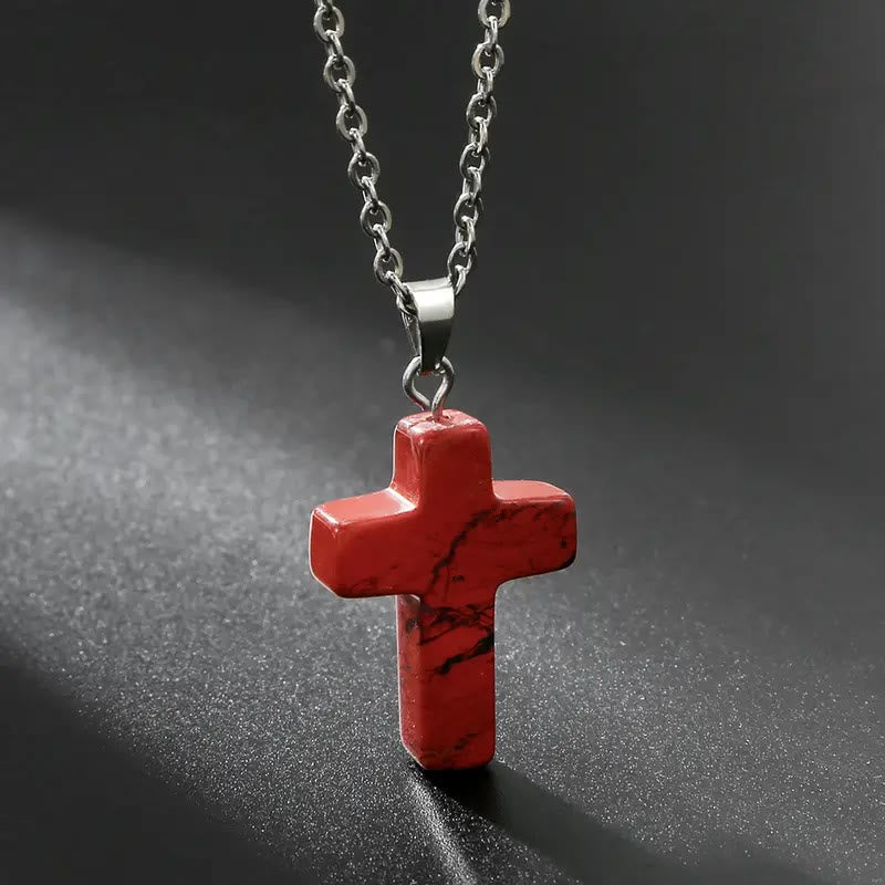 Natural Stone Cross Gemstone Pendant Necklace