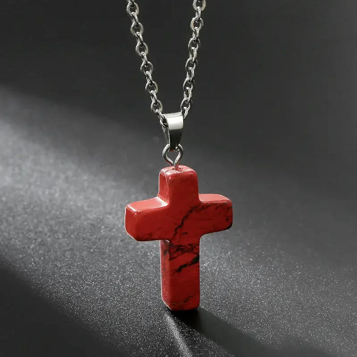 Natural Stone Cross Gemstone Pendant Necklace