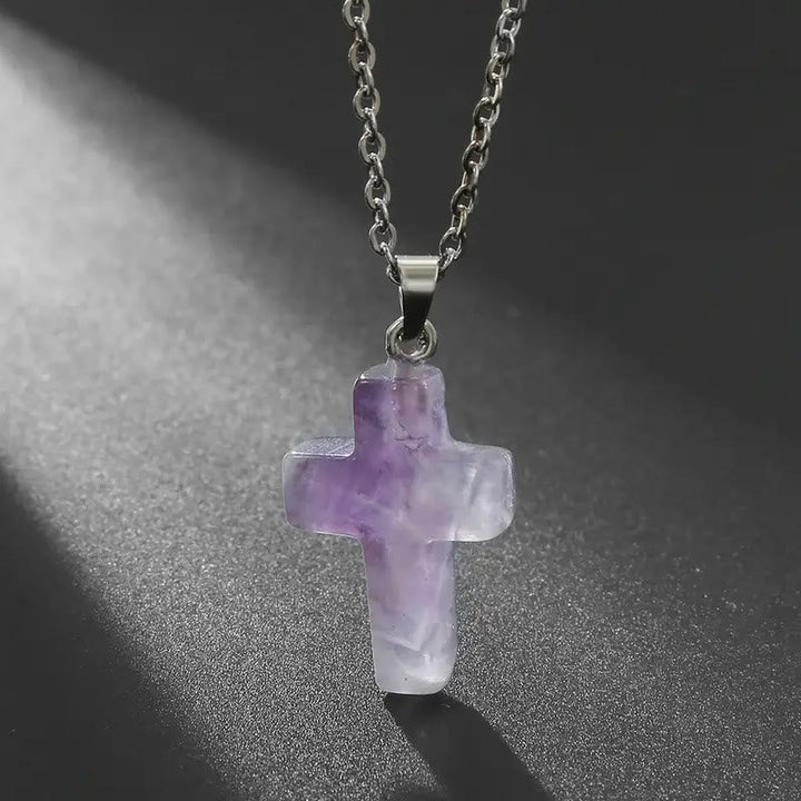 Natural Stone Cross Gemstone Pendant Necklace