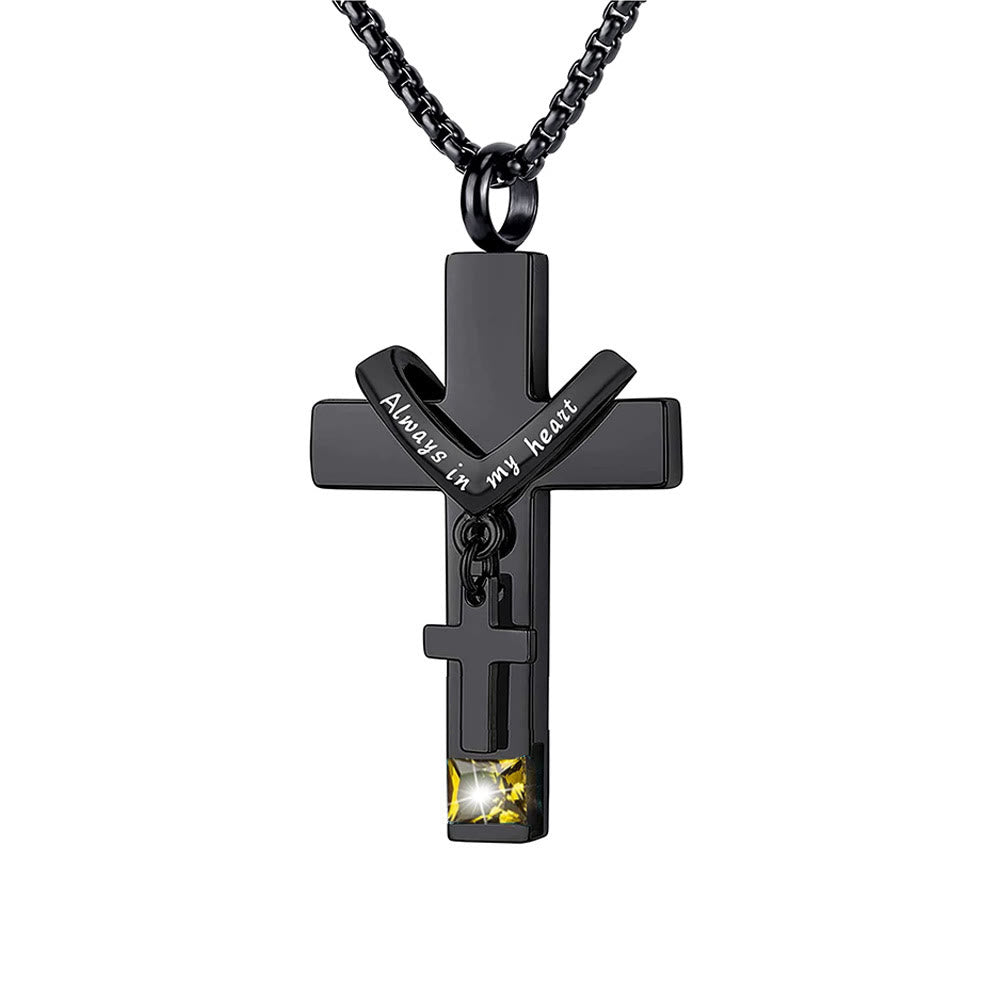 12 Months Birthstone Double Cross Ashes Urn Pendant Necklace