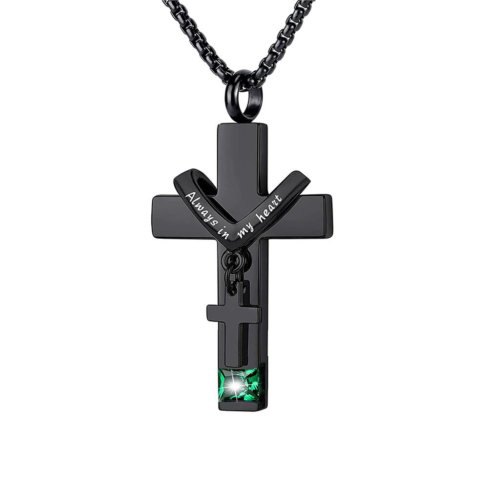 12 Months Birthstone Double Cross Ashes Urn Pendant Necklace