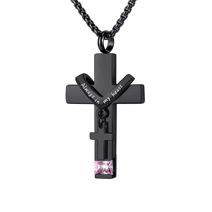 12 Months Birthstone Double Cross Ashes Urn Pendant Necklace