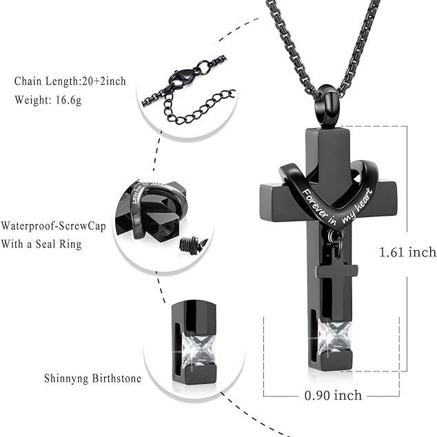 12 Months Birthstone Double Cross Ashes Urn Pendant Necklace