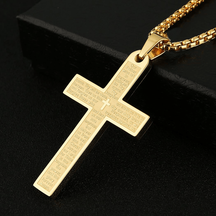 Stainless Steel Lord's Prayer Pendant Cross Necklace