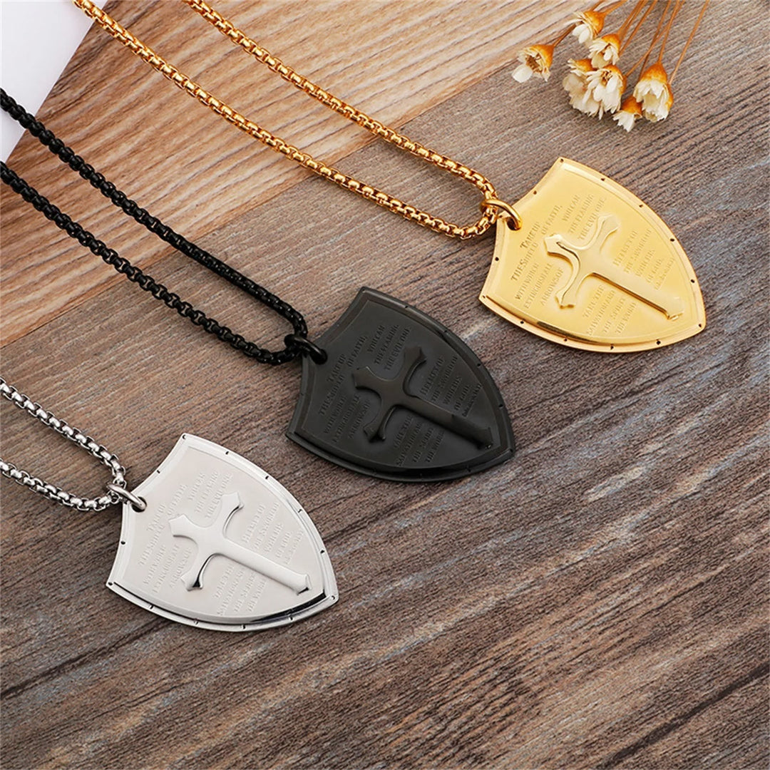 Stainless Steel Lords Prayer Cross Shield Pendant Necklace