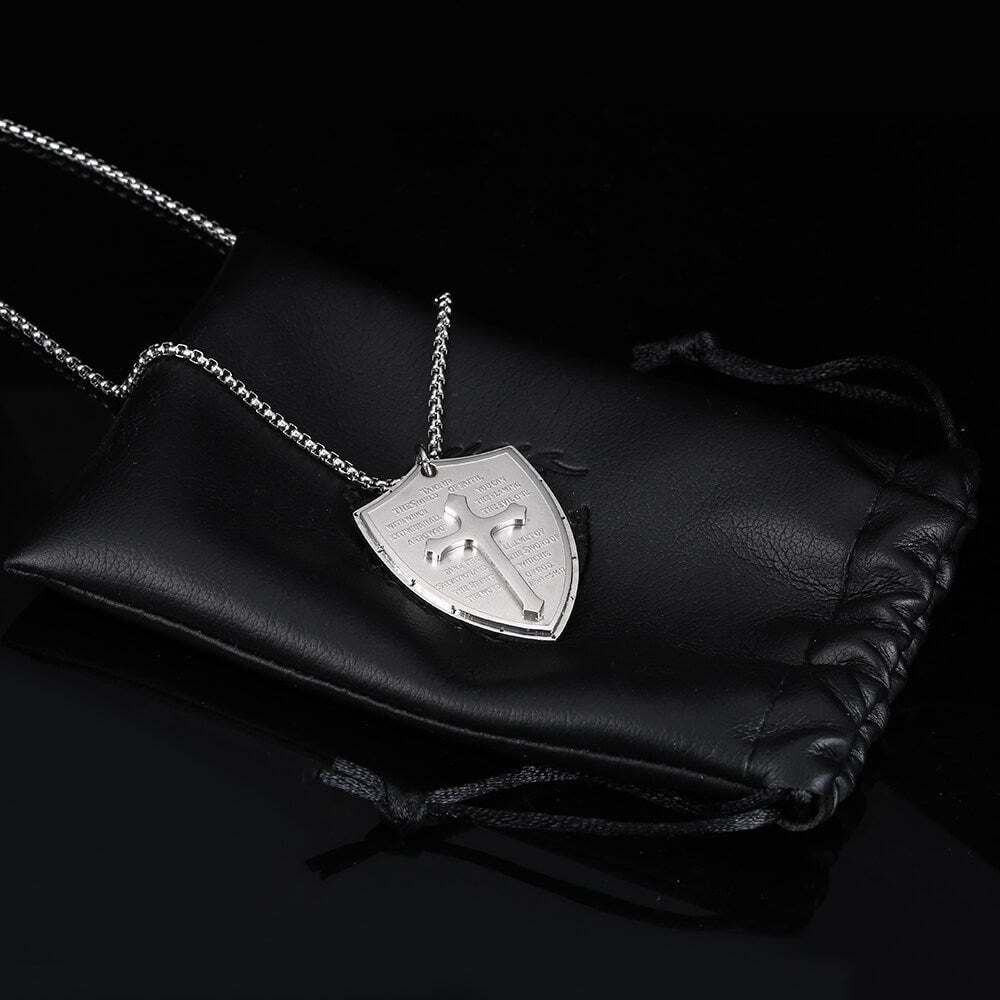 Stainless Steel Lords Prayer Cross Shield Pendant Necklace