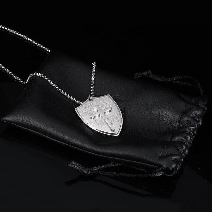 Stainless Steel Lords Prayer Cross Shield Pendant Necklace