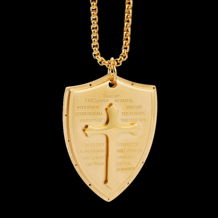 Stainless Steel Lords Prayer Cross Shield Pendant Necklace