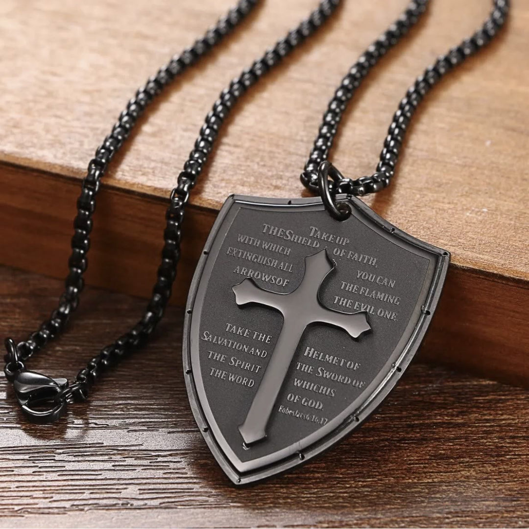 Stainless Steel Lords Prayer Cross Shield Pendant Necklace