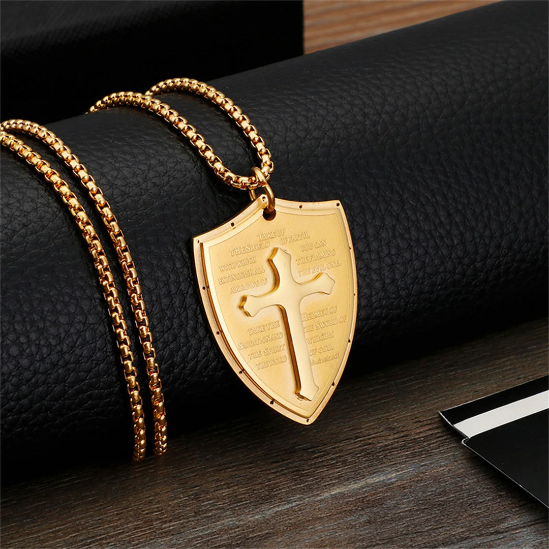 Stainless Steel Lords Prayer Cross Shield Pendant Necklace