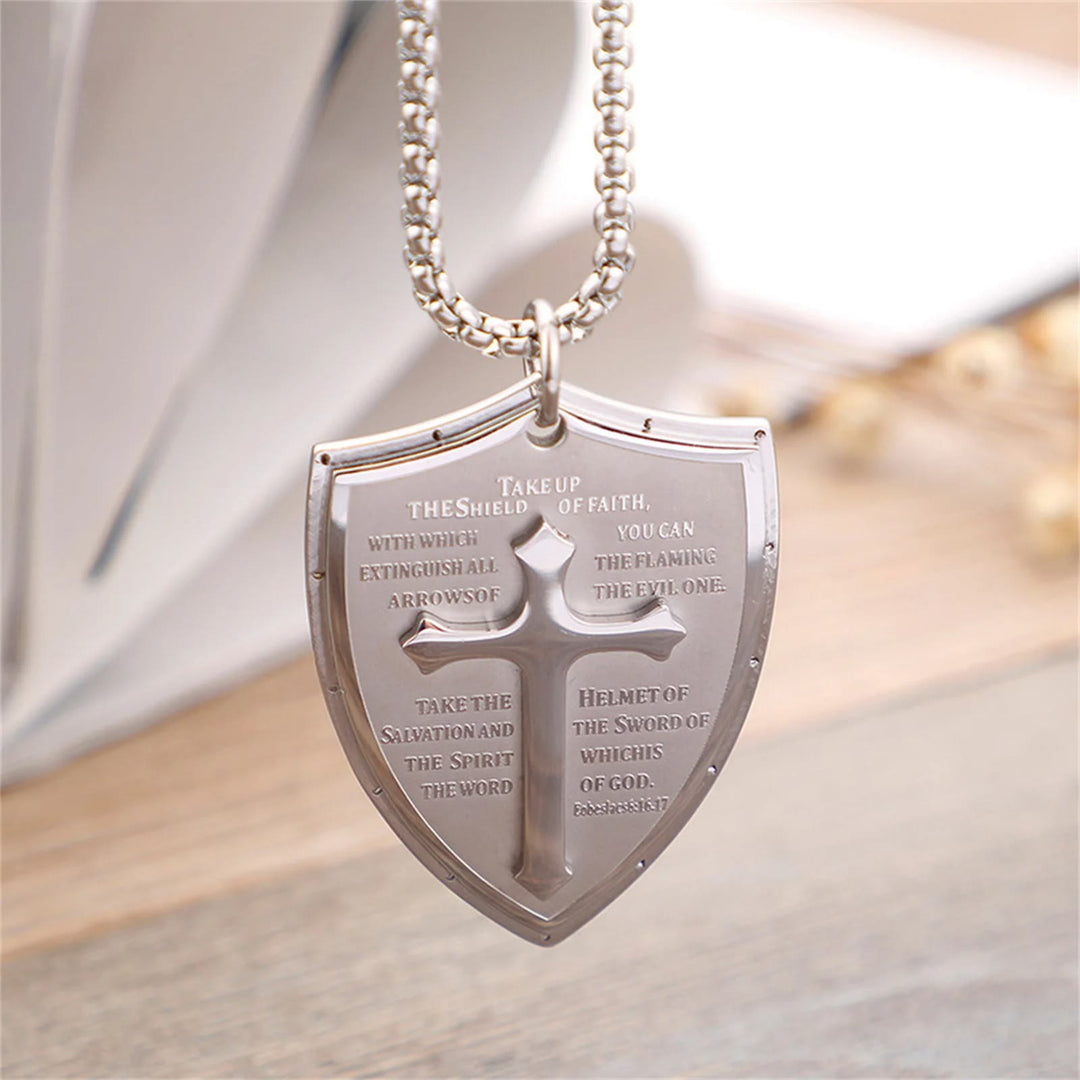 Stainless Steel Lords Prayer Cross Shield Pendant Necklace