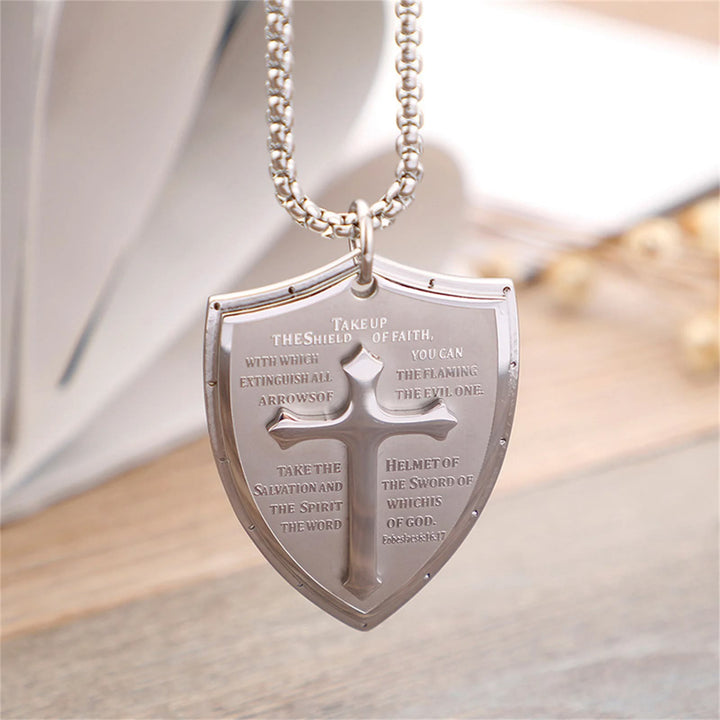 Stainless Steel Lords Prayer Cross Shield Pendant Necklace