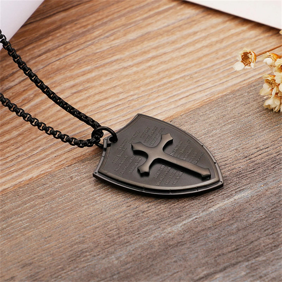 Stainless Steel Lords Prayer Cross Shield Pendant Necklace