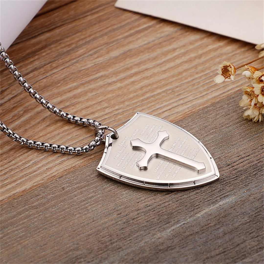 Stainless Steel Lords Prayer Cross Shield Pendant Necklace