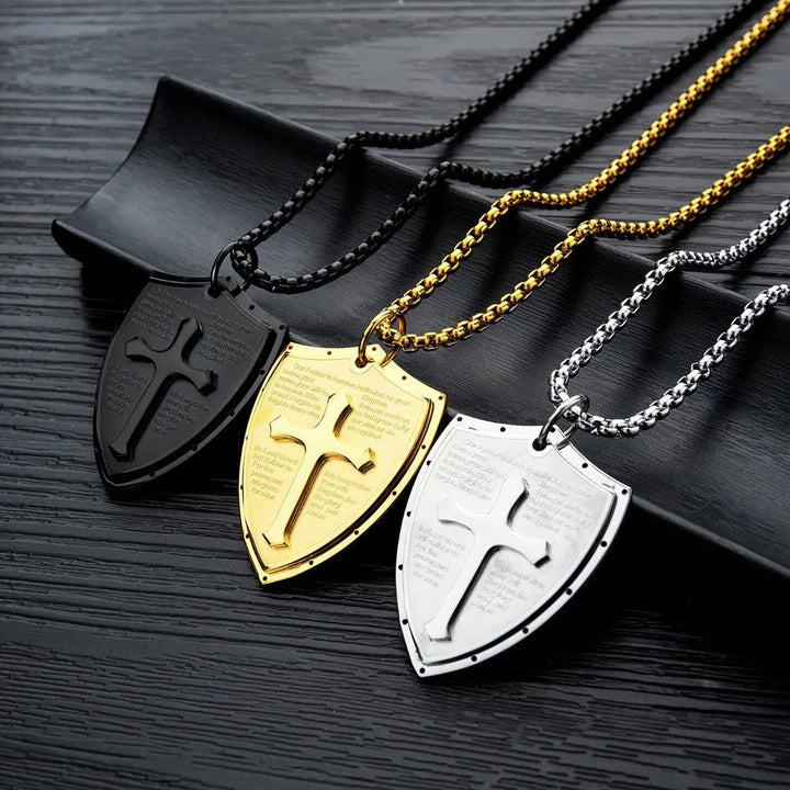 Stainless Steel Lords Prayer Cross Shield Pendant Necklace