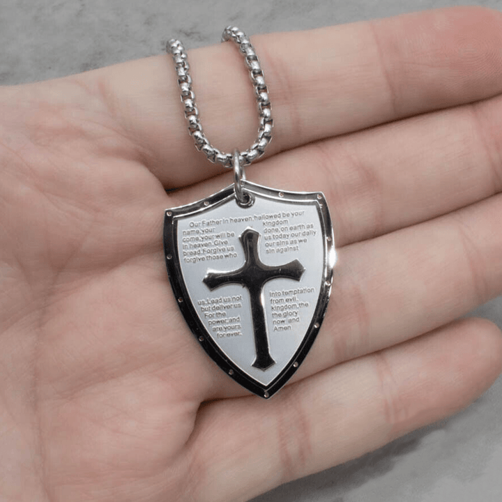 Stainless Steel Lords Prayer Cross Shield Pendant Necklace