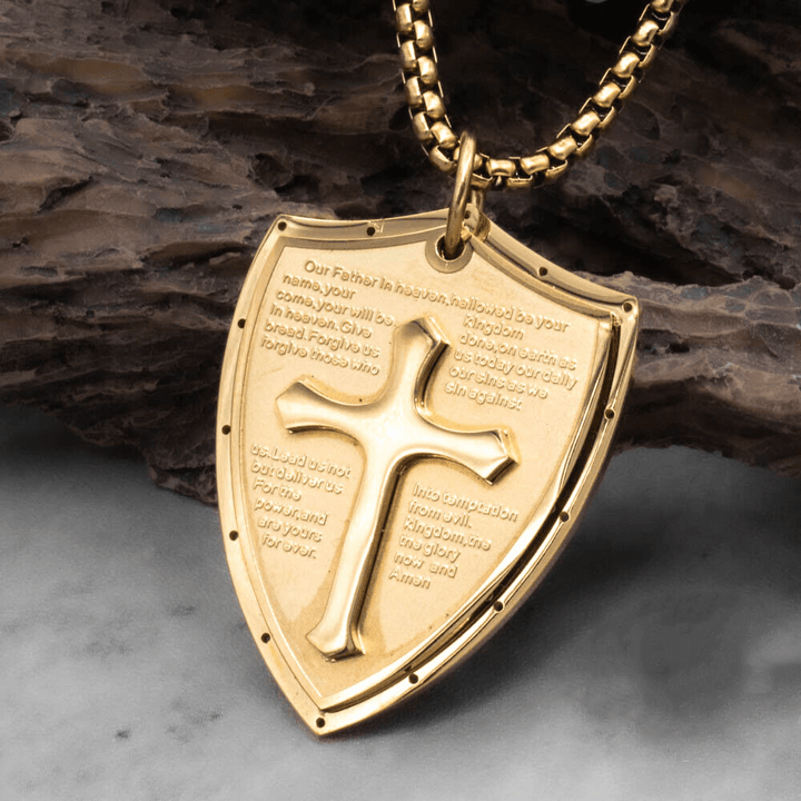 Stainless Steel Lords Prayer Cross Shield Pendant Necklace