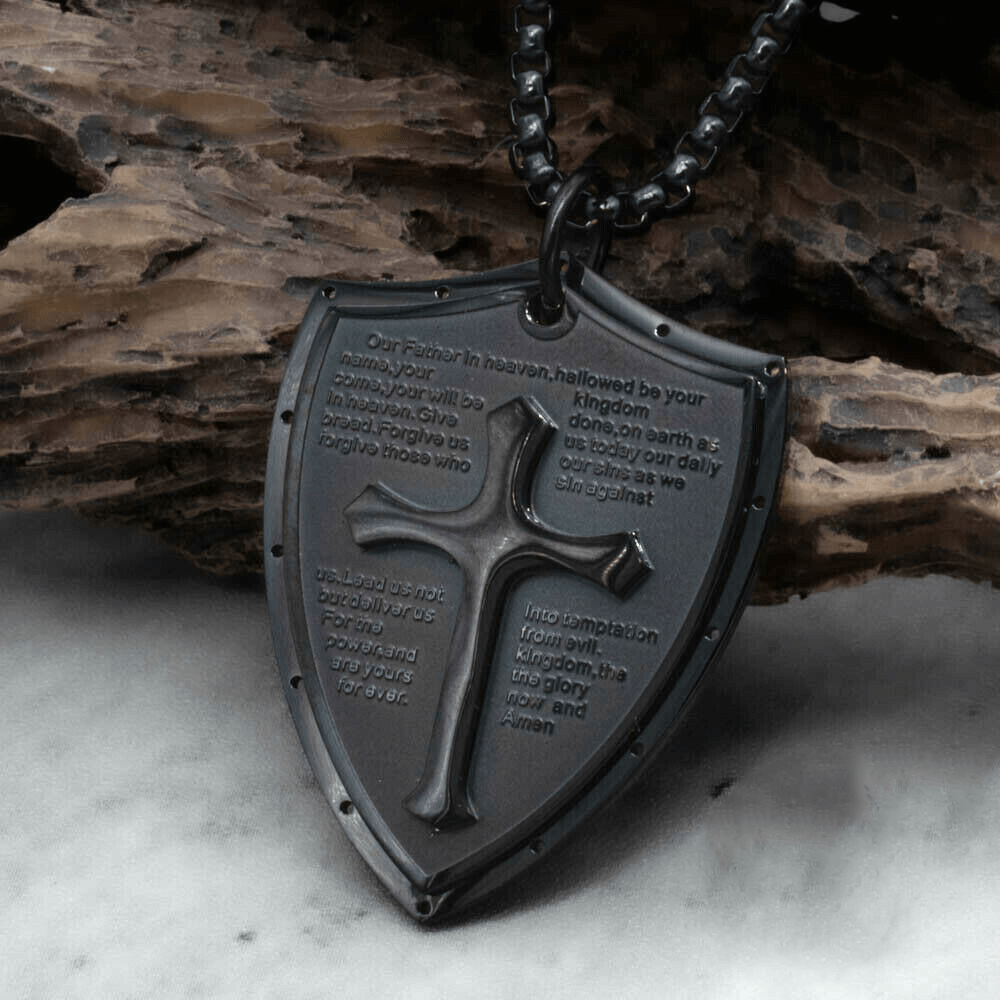 Stainless Steel Lords Prayer Cross Shield Pendant Necklace