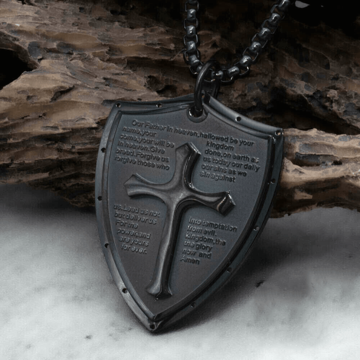Stainless Steel Lords Prayer Cross Shield Pendant Necklace