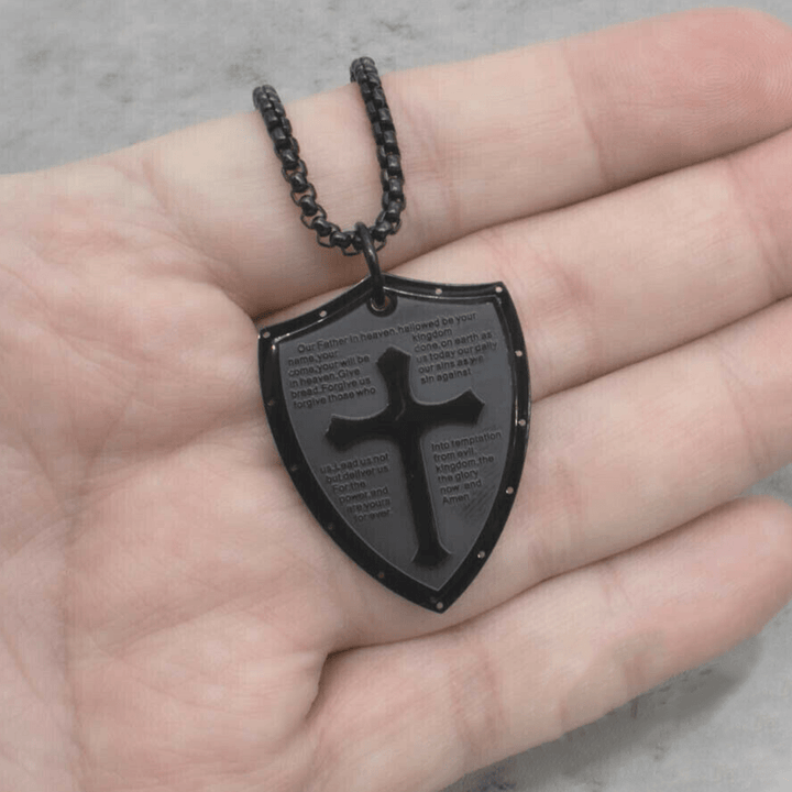 Stainless Steel Lords Prayer Cross Shield Pendant Necklace
