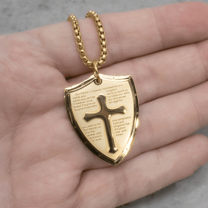 Stainless Steel Lords Prayer Cross Shield Pendant Necklace