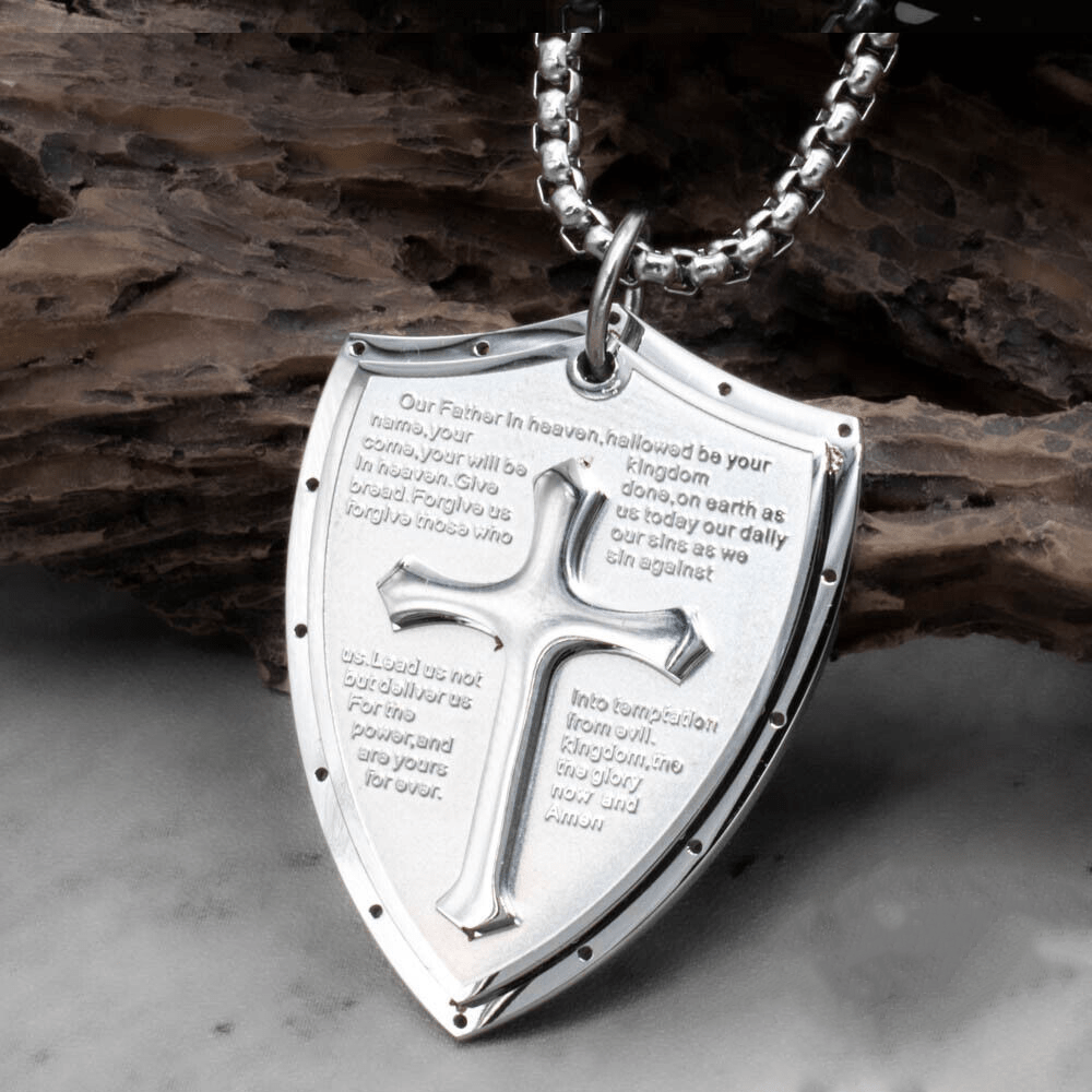 Stainless Steel Lords Prayer Cross Shield Pendant Necklace
