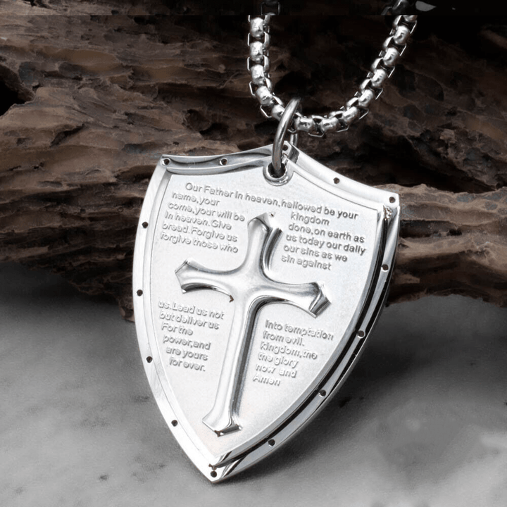 Stainless Steel Lords Prayer Cross Shield Pendant Necklace