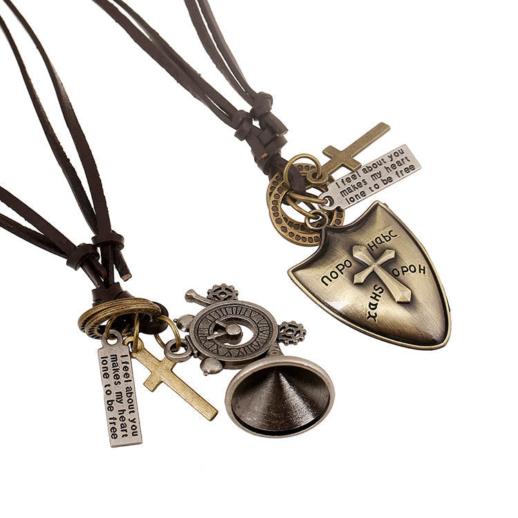 Cross Shield/Retro Horn Leather Necklace