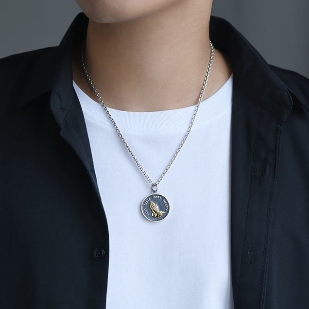 Praying Hands Retro Coin Solid Pendant Necklace