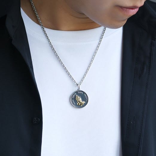 Praying Hands Retro Coin Solid Pendant Necklace