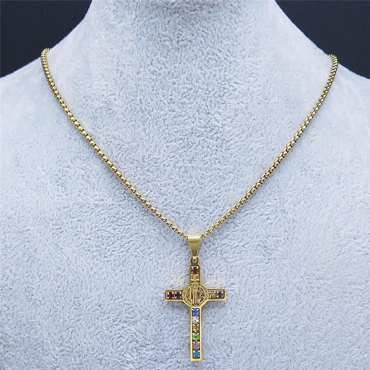 Saint Benedict Cross Mix Bible 12 Crystal Necklace
