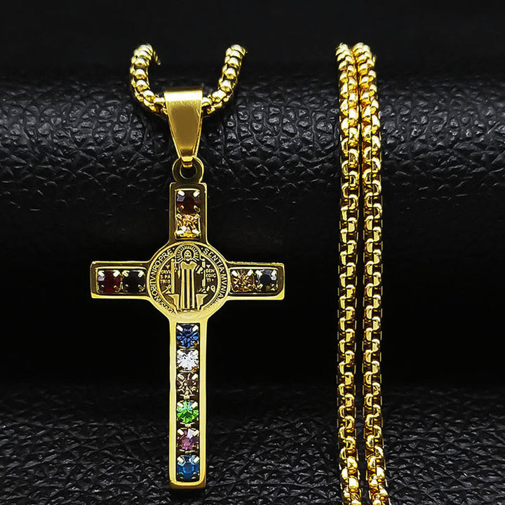 Saint Benedict Cross Mix Bible 12 Crystal Necklace